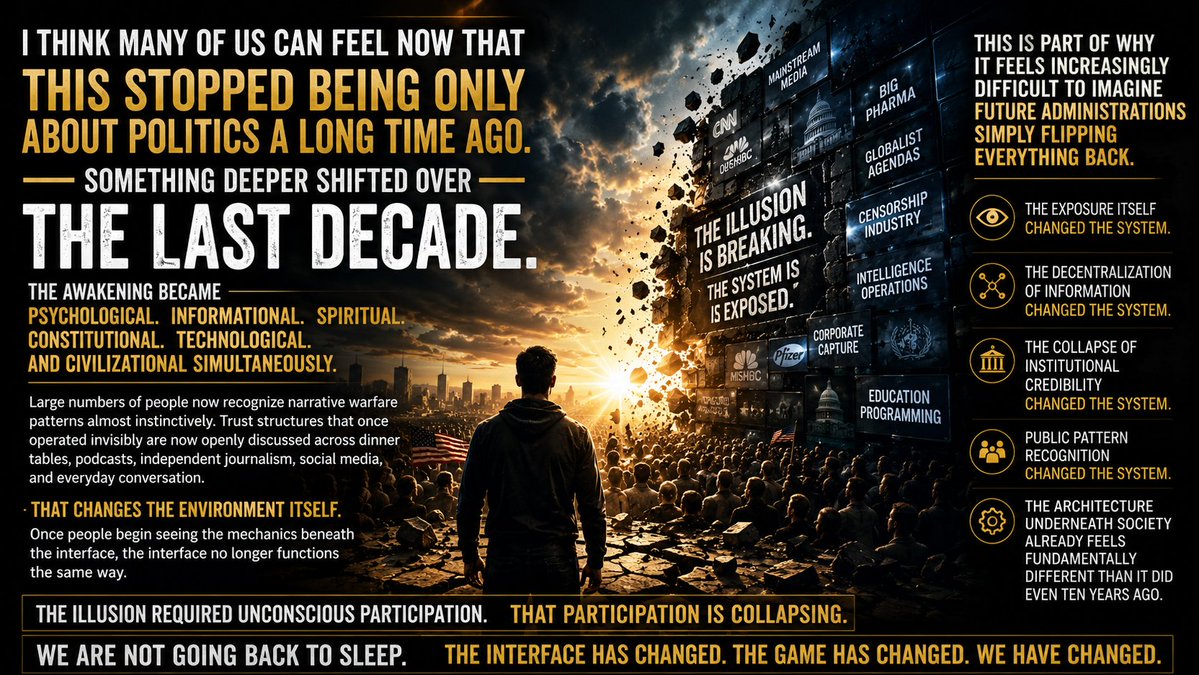 holonabove's tweet photo. 2/ I think many of us can feel now that this stopped being only about politics a long time ago... something deeper shifted over the last decade...

The awakening became psychological... informational... spiritual... constitutional... technological... and civilizational simultaneously...

Large numbers of people now recognize narrative warfare patterns almost instinctively...

Trust structures that once operated invisibly are now openly discussed across dinner tables, podcasts, independent journalism, social media, and everyday conversation...

That changes the environment itself... once people begin seeing the mechanics beneath the interface, the interface no longer functions the same way...

This is part of why it feels increasingly difficult to imagine future administrations simply flipping everything back to the way it once operated...

The exposure itself changed the system, the decentralization of information changed the system, the collapse of institutional credibility changed the system, public pattern recognition changed the system, and the architecture underneath society already feels fundamentally different than it did even ten years ago...