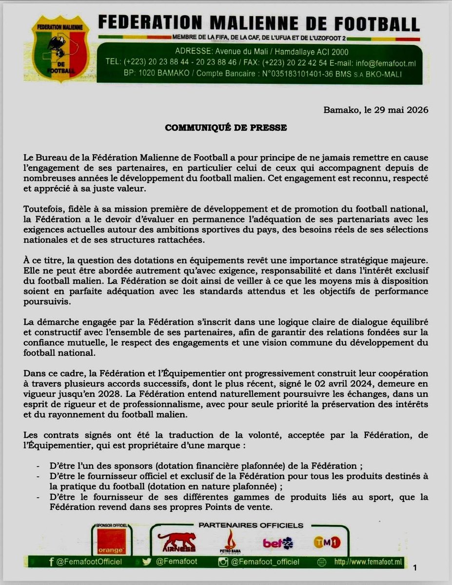 DiakiteBoo's tweet photo. La fédération acte la résiliation du Contrat Airness . Équipementier N°1 du Mali https://t.co/jeUjbRHDjx