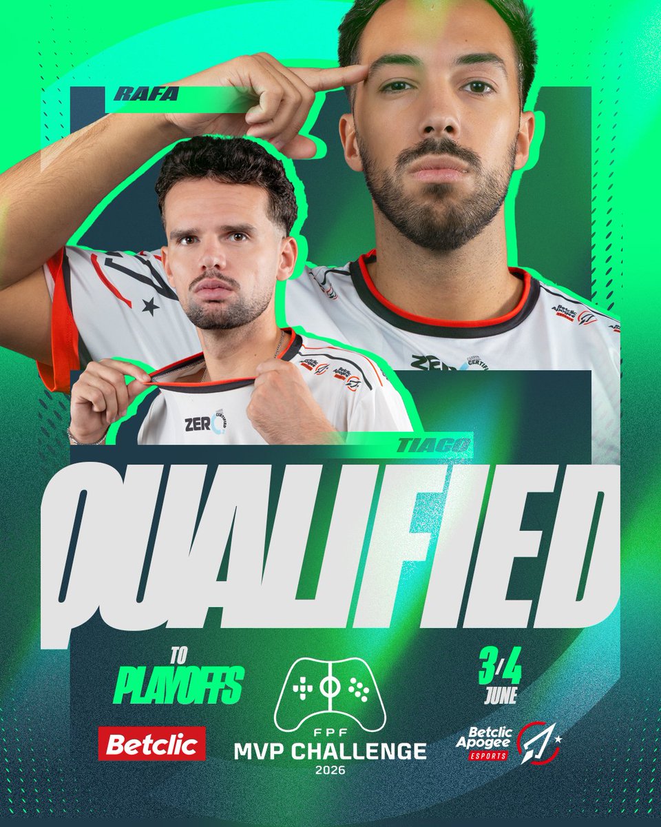 BetclicApogee's tweet photo. THREE QUALIFIED ✅✅✅

@TiagoAraujo10_ and @RafaMonteiro09 join @Darkley_11 who secured their spots in the FPF MVP Challenge Finals!

Three players through, waiting for the final one!
#ReachYourApogee 🚀 https://t.co/YhjKlxcK2z