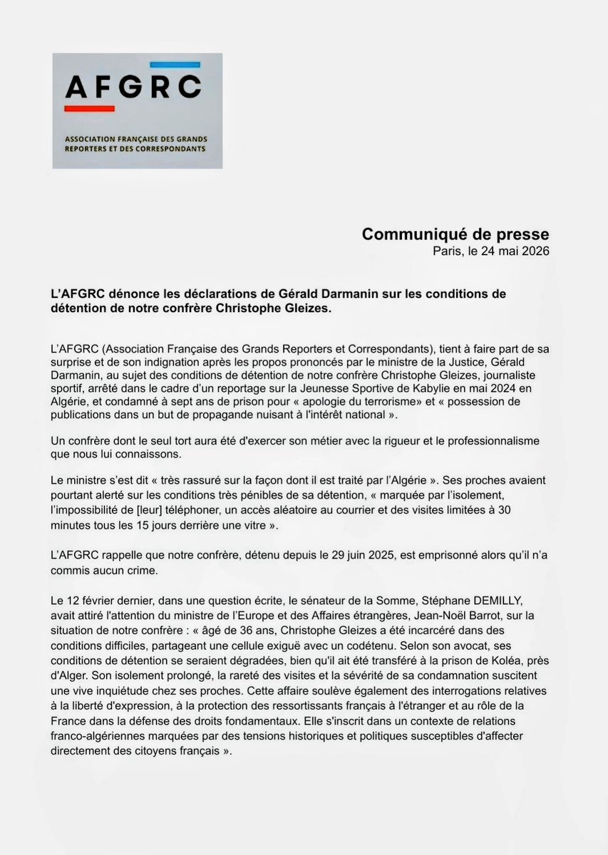 afgrc_'s tweet photo. L'AFGRC réaffirme son soutien à Christophe Gleizes et sa famille, et sollicite @francediplo pour obtenir sa libération immédiate.
Nous dénonçons également les déclarations de M. le ministre @GDarmanin, sur les conditions de détention de notre confrère depuis 2 ans, en Algérie. https://t.co/QEu09H03JN