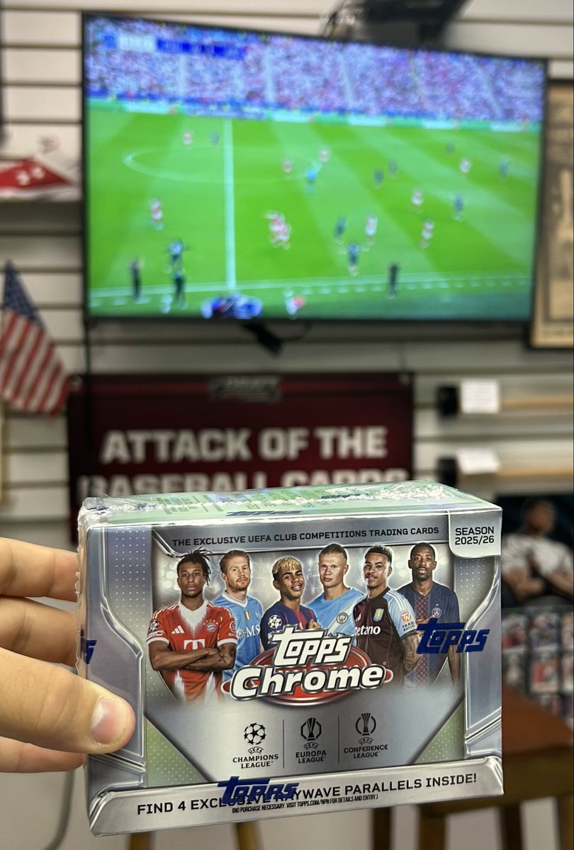 baseballblog's tweet photo. Stop by ATTACK OF THE BASEBALL CARDS now, while the Champions League Final Game is in our TV &amp; get $5.00 Off Topps Chrome Champions League Blaster Boxes or $15.00 Off a Topps Chrome Champions League Hobby Box!!! https://t.co/Q4QevearoP