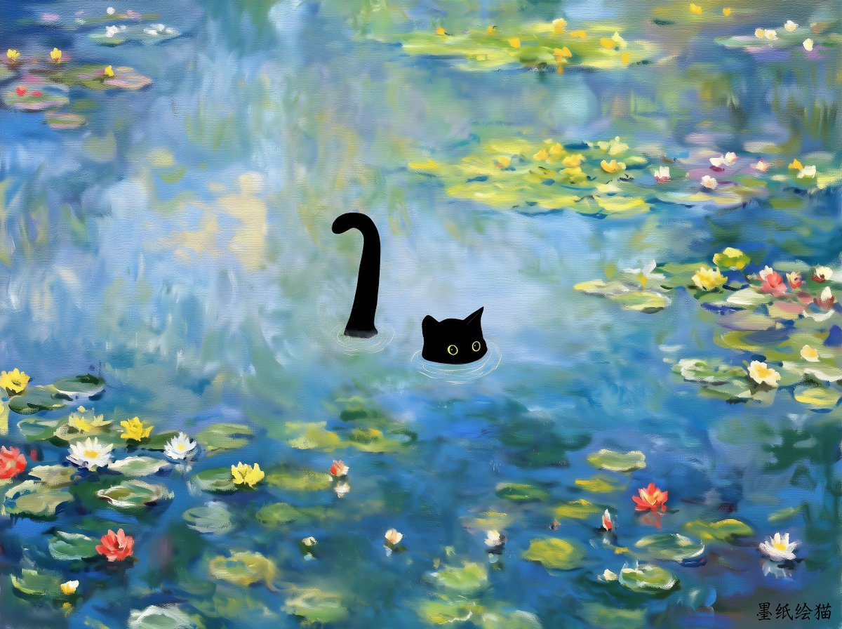 Eryth_Studio's tweet photo. Hamduker black cat in a water lily pond 😼 https://t.co/NzwCBxoWIY