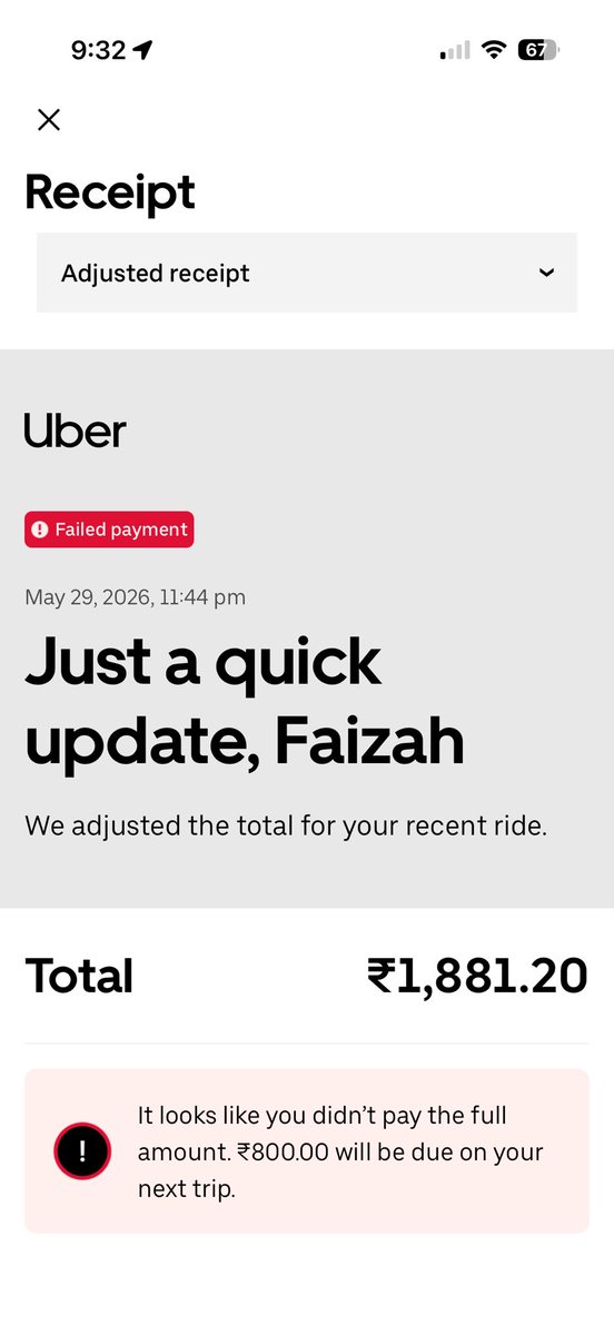AnsariFaizah's tweet photo. @Uber why am i being charged twice for a trip i paid for
first there was an unexpected fair hike from ₹789 to ₹1081 due to vehicle issues, i still paid the driver ₹800, customer service lady was vague while asking payment details, now my trip says unpaid amount @Uber_Support https://t.co/f1Frz2JWHh