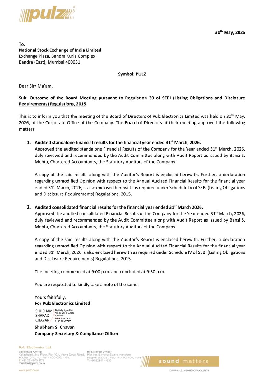 nileshkurhade's tweet photo. 📌 Pulz Electronics Limited informed the exchange about its approval for the financial results for the period ended March 31, 2026. #SME #PULZ 📄🧾 https://t.co/Ugpz9cCBfN