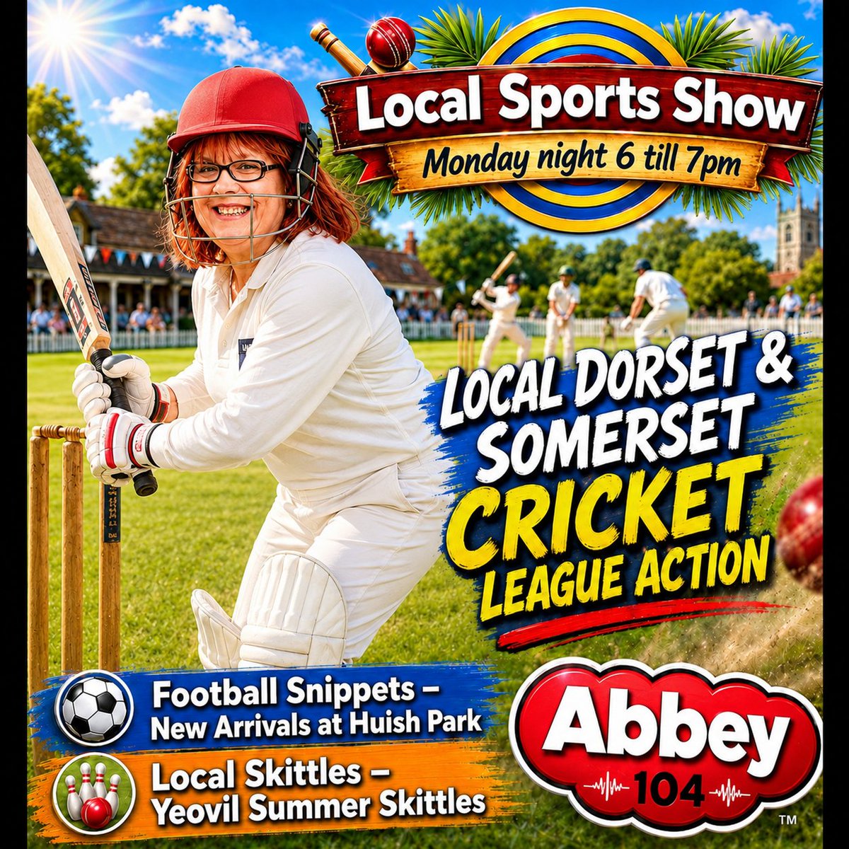 CathyJaneSport1's tweet photo. On Monday night's @Abbey_104 #LocalSportsShow sponsored by @_yellowbox @sherbornecc @YeovilCricket @ComptonhouseCC @stalbridgecc @YTFC @yeovilsummer plus loads more. We'll be at the crease from 6. https://t.co/9P97r8sasm