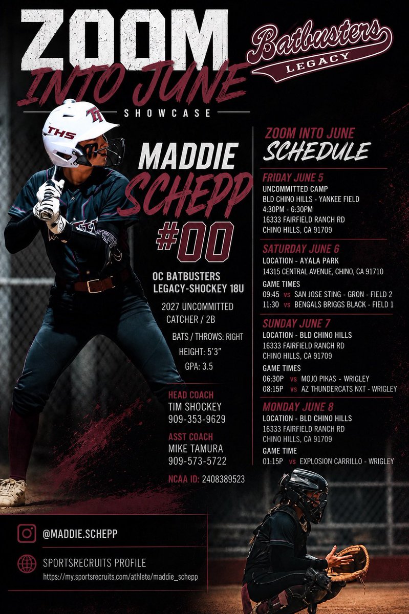 MaddieSchepp00's tweet photo. Looking forward to competing at Zoom Into June on June 5-8 and showcasing my skills against great competition. Schedule below! ⬇️
@2Ganeff @Coach_pooch @Darnellwestbro1 @CharMorgan34 @taybeezzyyy @CoachDonDon @Coach_JBloomer 
@ExtraInningSB @LineDsoftball @Sports_Recruits https://t.co/9rGjYO8vNi