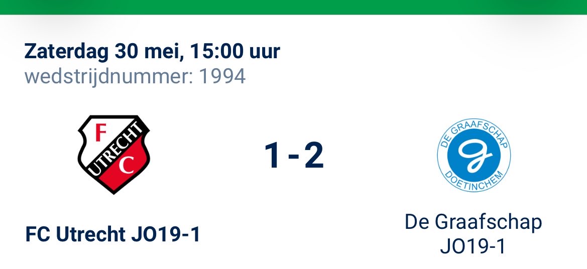 UtregJason's tweet photo. De Jeugdteams van FC Utrecht laten het tween vandaag.

FC Utrecht O19 verliest van De Graafschap en promoveren daardoor niet terug naar de 1e Divisie.
#fcutrecht https://t.co/XoHfRuxyVI