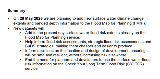 owenboswarva's tweet photo. Changes to the Flood Map for Planning service https://t.co/Y8aTGDH6P0 briefing note from @EnvAgency (England) via the TCPA
New datasets: surface water climate change extents and banded depth information https://t.co/BEwCa97Iox (see links in PDF)
#floodrisk #defradata #opendata https://t.co/6Z7tmmJlKA