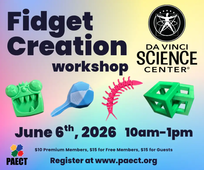 PAECT's tweet photo. Inviting adults and children (ages 6+) to participate in a Fidget Creation workshop at the DaVinci Science Center. Adults do not need to bring a child. Any child must be accompanied by a paying adult. Includes admission to the DaVinci Science Center 
https://t.co/CI8tjXqwV1 https://t.co/LTG8MojaZh