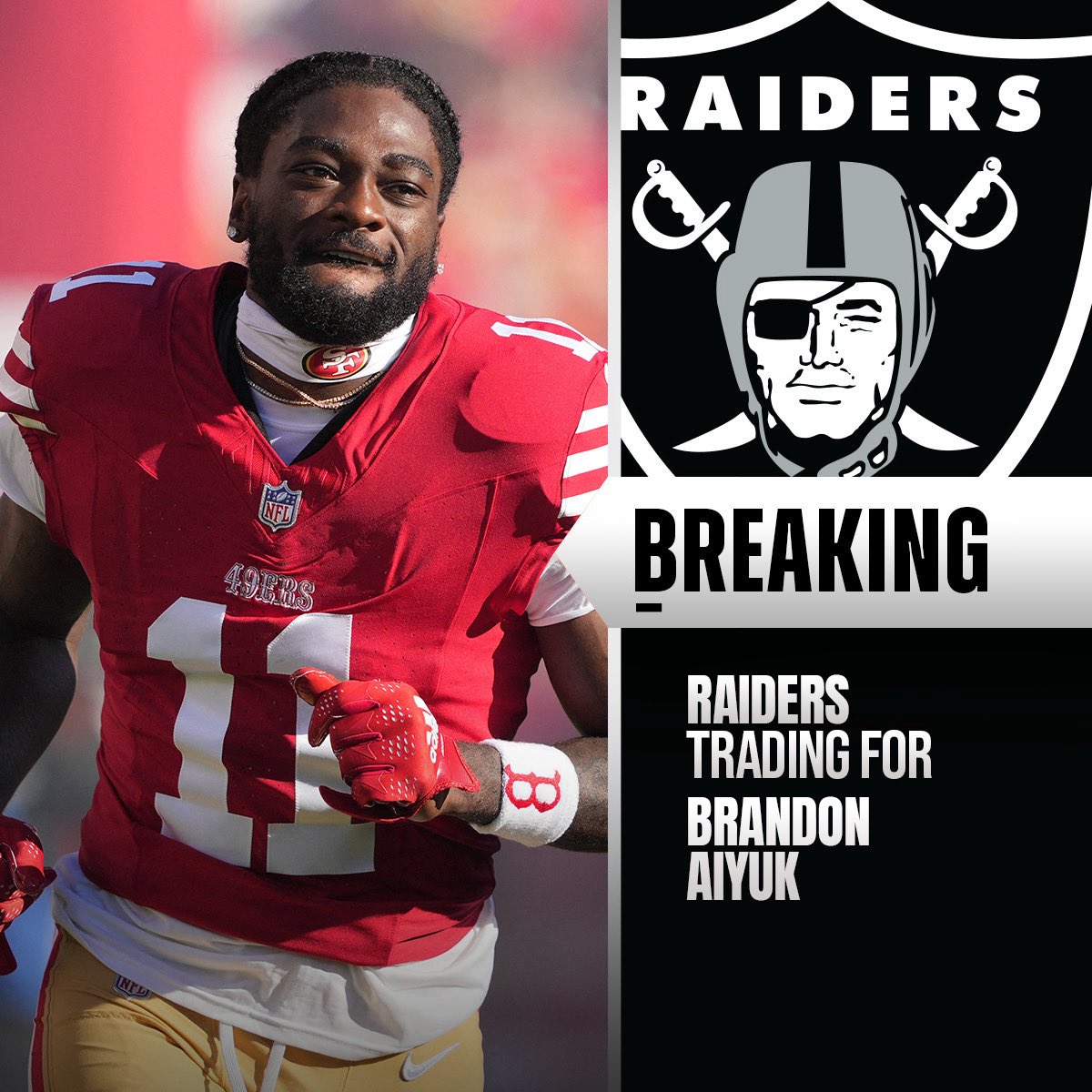 TheNFLDrop's tweet photo. TRADE: Raiders acquire 49ers WR Brandon Aiyuk in exchange for a 2027 fifth-round pick. https://t.co/N6A5gTk4bu