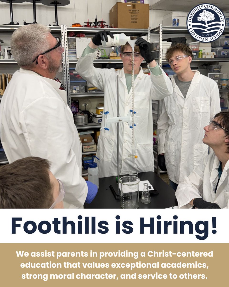 Foothillsfalcon's tweet photo. We are seeking professional educators whose values align with our mission! If you love the Lord, love children, and love teaching, we invite you to apply for a position at FCCS!

jbryant@foothillschristian.org https://t.co/EBeE1MhyOh