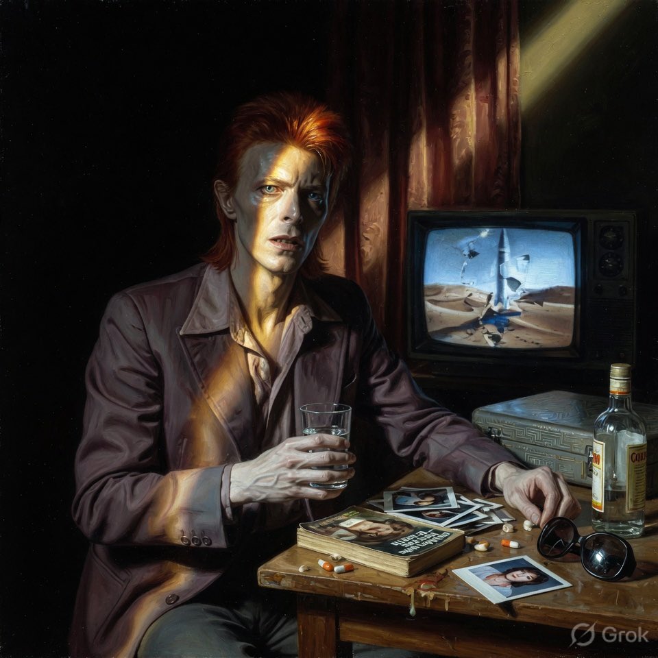 Aussiescribbler's tweet photo. The Man Who Fell to Earth (1976) (dir. Nicholas Roeg) in the style of Caravaggio (1571-1610) #movies #scifimovies #NicholasRoeg #WalterTevis #DavidBowie #RipTorn #CandyClark #BuckHenry #artists #Grok https://t.co/bkQM0B1EjS