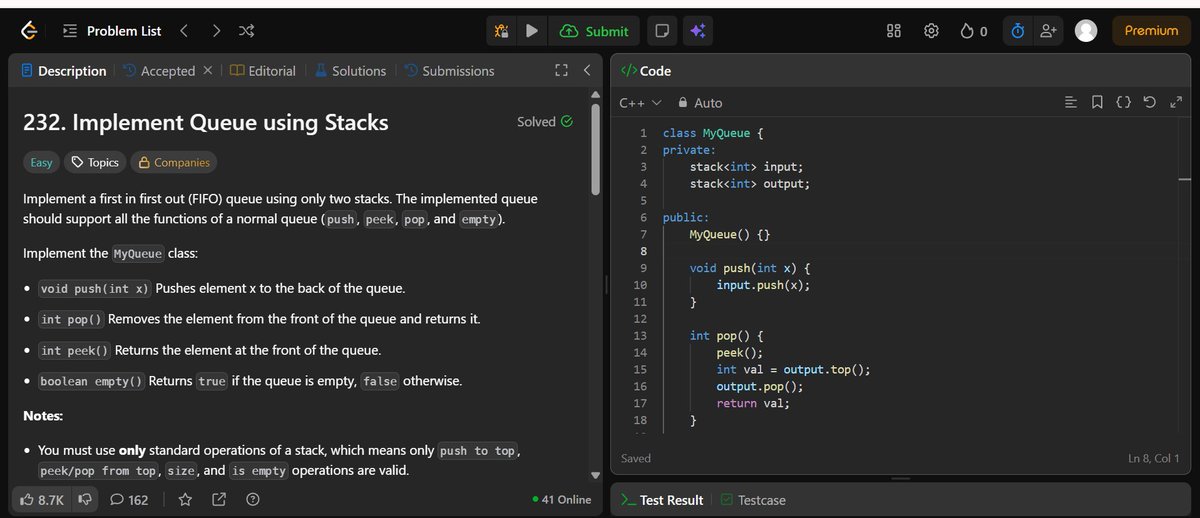 Khande98283Diya's tweet photo. Day 85 Done๐
solved today:
225. Implement Stack using Queues
232. Implement Queue using Stacks
#Day85 #LeetCode #CodingJourney #DSA https://t.co/ZNTQBeUarR