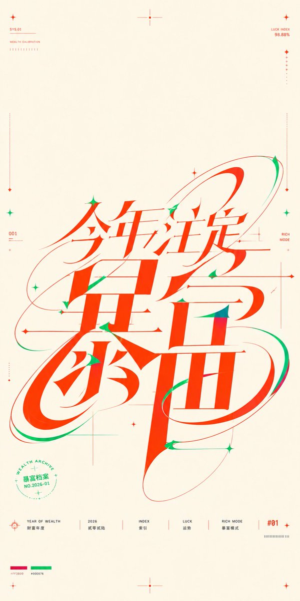 xiaoxiaodong01's tweet photo. 围绕具体主题内容生成一张正方形或近正方形的图形字体海报，核心信息不作为普通标题排版，而被重新造字为一个占据画面中部偏下的巨大连续字标。将主题名称、关键词或核心符号压缩进同一套字形骨架，使笔画同时像可读文字、运动轨迹和精密图形结构；粗细差要极大，主体有高反差竖画、柔软长曲线、椭圆回旋、尖细收笔和水平发丝线，部分笔画向左右延伸成基准线，局部曲线跨越字符边界形成连写感。字形内部保留清晰负形，让浅色纸面穿过回环、内腔和笔画间距，复杂结构仍显得轻。画面保留大面积暖白或低饱和浅色纸面，背景承担安静校准场的角色，以留白、十字准星、边缘小标记、角落星点和细小信息点稳定主体；顶部空白要宽，四周边距要干净，让主体像被观测、编号和归档的图形事件。主视觉重量集中在中下部，边缘只放极小的元数据、短横条、坐标符号、色样条或图章式注释，形成巨型字标与微型信息系统的尺度断层。色彩使用两个高纯度主色互相分段嵌入，主色承担字形结构，辅色像速度、温度或情绪切片一样出现在笔画转折、收口、重叠和被切割的位置；色相随主题的情绪温度变换，但保持浅底、双主色、少量高饱和分段、清晰明度差和硬边套色交界。主体不是现成字体，也不是普通书法，要像经过矢量手工修字的定制标志，中文字形或拉丁字形都被拉长、压扁、切开和连缀，结构可读但不完全规整，曲线与直线之间有精确连接，端点像衬线和轨道尾迹的混合。文字信息以宽字距、小字号、细字重参与秩序，放在边缘、底部或主体下方时像设计档案的索引，不抢主体，只增强编号、日期、方向、色彩系统和主题层级。所有辅助符号都应服从主字标的轨迹方向和几何节奏，像仪表刻度一样轻。整体完成度是清洁的平面印刷感，边缘锐利，色块平涂，局部只有轻微纸面温度和套色交界，避免照片质感、复杂插画和厚重阴影，让主题被翻译成一套轻盈、速度感强、带仪表精度的双色轨道字形系统。

本次主题：今年注定暴富

比例1:2 
用途：手机壁纸