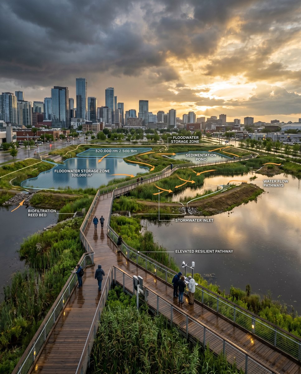 EpdNet's tweet photo. As climate extremes intensify, cities can no longer rely only on concrete barriers and grey infrastructure.

Green-blue infrastructure offers a different vision for the future — one where landscapes absorb, store, and adapt to water instead of fighting against it.

Constructed wetlands, bioswales, and sponge parks are transforming flood risk into ecological resilience, creating public spaces that are not only safer, but healthier, cooler, and more connected to nature.

The future of flood control may look less like resistance…
and more like adaptation. 🌧️🌿

🚀 Together, we are shaping a more resilient Europe and a sustainable world through EPD-Net!
#EPDNet #EPD-Net #epd-net #Erasmus #EuropeanCommission #AlliancesForInnovation
#ClimateAdaptation #FloodResilience #GreenBlueInfrastructure #SpongeCity #LandscapeArchitecture #NatureBasedSolutions #UrbanResilience #ClimateAction #EcologicalUrbanism #WetlandDesign #Bioswale #SustainableCities #PublicSpaceDesign #FutureCities