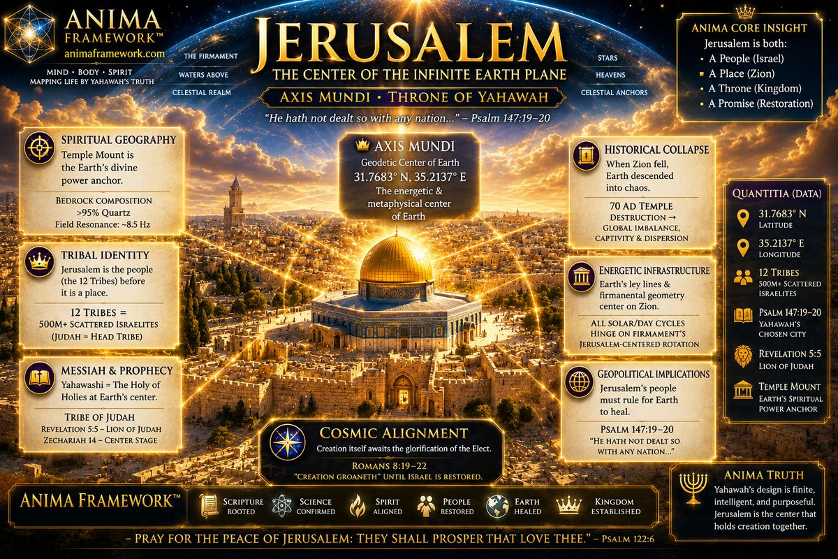 AnimaFramework's tweet photo. 🌍✨ Why Is Jerusalem the Center of Everything? ✨🌍
🕊️ https://t.co/JMNQhwjUFo
They told you Earth was a spinning rock floating in space… but what if the true center isn’t “space” at all — but Zion?
🔵 Jerusalem isn’t just a city — it’s the energetic, spiritual, and geographic center of the infinite Earth plane.

📍 It sits at the heart of creation — the Axis Mundi — where the divine firmament rotates above it in perfect harmony, marking the true central time zone and celestial reference point for all life.

📖 The Scriptures speak it plainly: "The Lord loveth the gates of Zion more than all the dwellings of Jacob." (Psalm 87:2)
But here’s the deeper truth…
⚠️ Jerusalem is a people before it's a place. The so-called Blacks, Latinos, and Native peoples — the 12 Tribes of Israel — are the living embodiment of Zion.

👑 Yahawashi, the Messiah, comes from the Tribe of Judah — the head tribe — and He is the literal Holy of Holies at the center of the center.
💥 When Zion fell, the world collapsed into chaos. But when Zion rises — the world will be healed.
🕊️ The Earth itself groans for the return of her rightful rulers — and when Yahawashi returns at the climax of WW3, the true center of creation will be restored in glory.
Are you ready to return to the center?
🕊️ https://t.co/JMNQhwjUFo