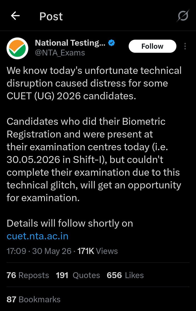 VanshikaKriti's tweet photo. Same glitch, March 2026, Lucknow. 🚨
Gave CUET PG. Computer shut down mid-exam. 15 mins lost. Power cuts. The invigilator took my sheet with time still left.
Mailed. Called helpline. Zero response.
NTA gave re-exam to others. What about me?
#CUETGlitch #NTA
#CUETPG2026 @NTA_Exams https://t.co/WwmWyqtUXN