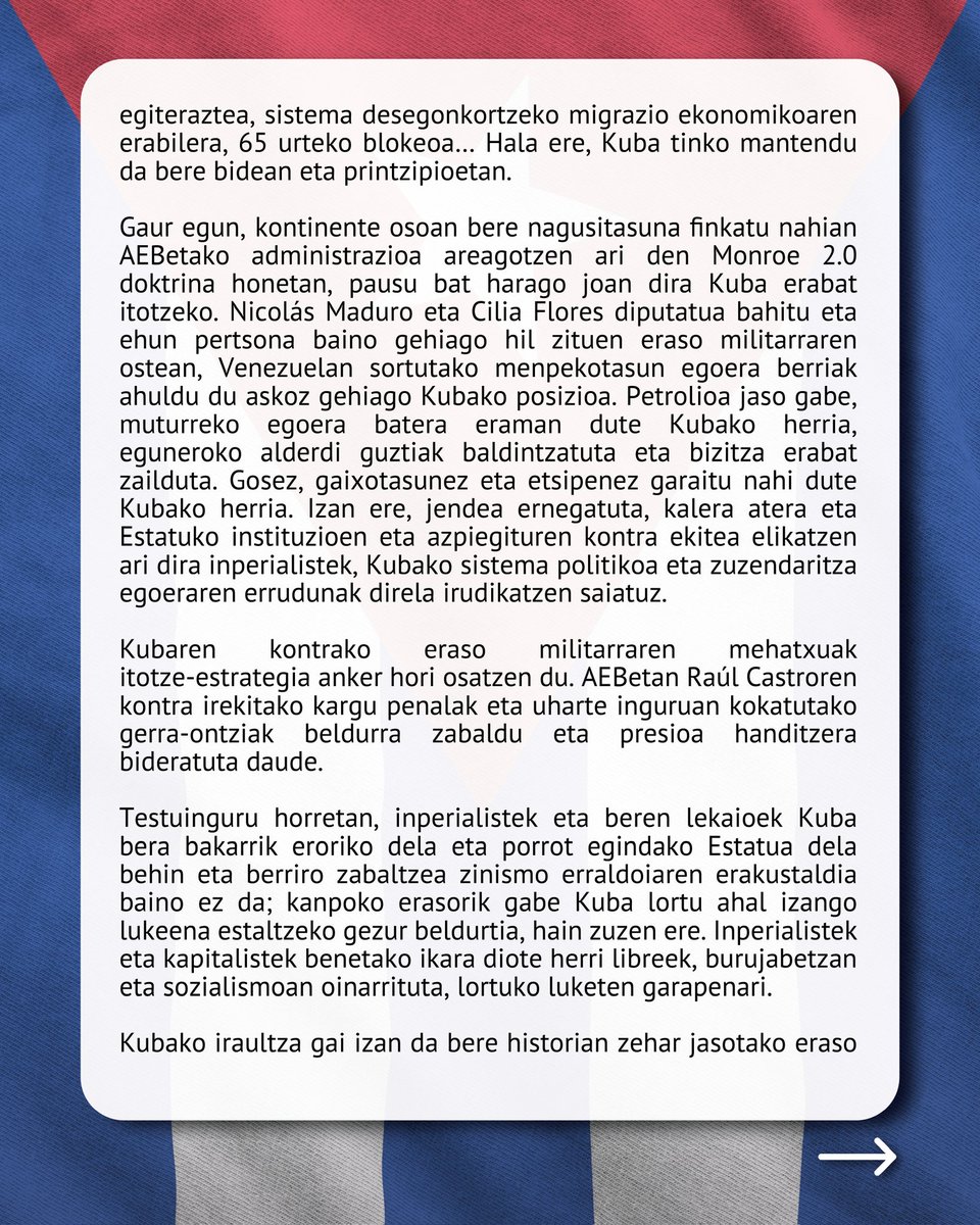 Askapena's tweet photo. Sin Cuba nada sería igual.
Gora Kuba askatuta! Irakurketa EUS/ CAS/ FRA 
Askapenak elkarretaratzeak antolatu ditu ekainaren 4rako, osteguna:
 📌Gasteizen, 19:00etan Ama Zuriaren plazan
📌Donostian, 19:00etan Bulebarrean
Euskal Herria Kubako Iraultzarekin!
Inperialismoa suntsitu! https://t.co/n0C7NIdvQM