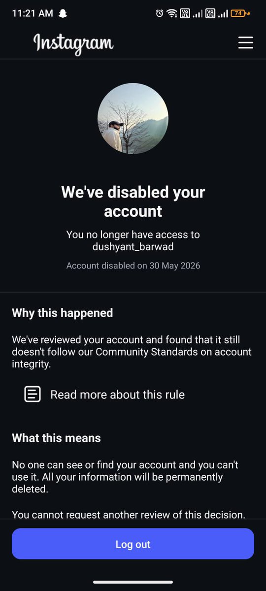 DeepakMarMat214's tweet photo. Hey @Instagram @Meta, my friend's account (dushyant_barwad) was wrongfully disabled today (30 May 2026). An appeal was submitted, but within 3 hours, a generic automated bot rejected it citing 'Account Integrity' issues, declaring it permanently disabled. https://t.co/mfW2xE6Xvf