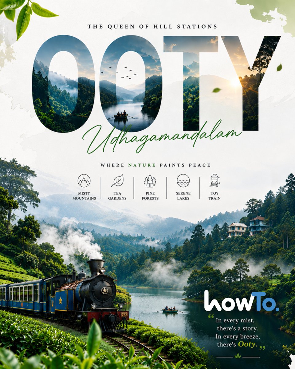 HowTo_Travels's tweet photo. Let every turn reveal a postcard-perfect memory and every moment reconnect you with nature. Nestled amidst rolling hills and floating clouds, Ooty welcomes you with breathtaking landscapes, lush tea estates, tranquil lakes, pine forests, and heritage train rides. https://t.co/xoMEB7tstz