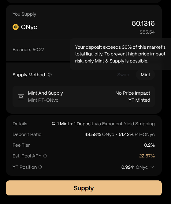 defiharvest's tweet photo. Didn't expect to find another bug with @ExponentFinance v2 this quickly.

I can't even Swap $50 worth of @onrefinance to the ONyc LP on Exponent v2.

The reason is because my deposit "exceeds 30% of market's total liquidity."

You're telling me that the whole ONyc pool only has $167? 

Should've fixed these obvious issues on major markets before launching v2 man.