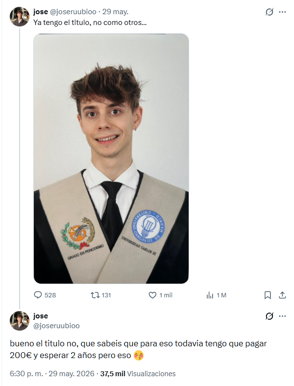 el_gen_martinez's tweet photo. A mí que alguien me explique cómo esta gente aprueba un Grado universitario de 4 años en Periodismo sin saber poner una puñetera tilde, metiendo alguna coma con acierto por casualidad y sin saber redactar tres frases seguidas.
(No me lo expliquéis, de verdad, que no hace falta. Retórica pura).