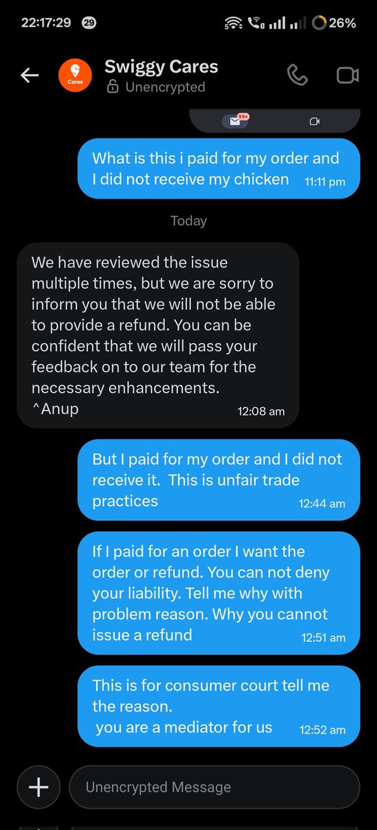 NilayDeb11's tweet photo. Useless food app in the history 💀💀
When I told them that I would take legal action as a consumer, they remained silent .

@SwiggyCares 
@Swiggy 
@KolkataPolice 
@jagograhakjago https://t.co/vqO2xdxK4R