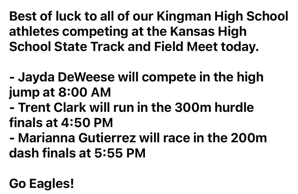 KingmanEagles's tweet photo. KHS track schedule for today!  Good luck! https://t.co/F5sCP1uGEr
