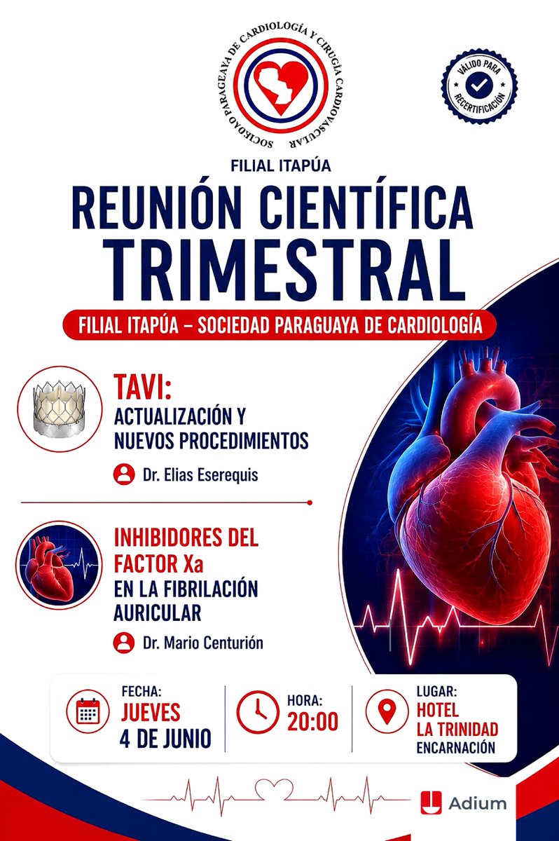SPCyCC's tweet photo. REUNIÓN CIENTÍFICA TRIMESTRAL | FILIAL ITAPÚA 🫀

Cada vez más cerca de este encuentro para fortalecer la formación médica continua, asegurá un lugar y no te lo pierdas.

📍Hotel La Trinidad, Encarnación
🗓️ Jueves 04 de junio
⏰ 20:00 hs.

Consultas al +595986 393 991 📲 https://t.co/MdM38izDvZ
