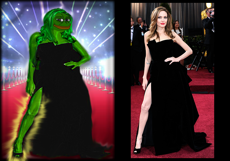 subterranean_1's tweet photo. Today's Rare Pepe Lore Lesson™️ is Series 35, Card 6 - JOLIELEGPEPE. The creator of the card is unknown. This is a 1/111 card with a current floor price of .0049 BTC ($362 USD).

68 wallets hold a copy of the card and the token owner's wallet still has 13.5% of the total supply (15/111). Ownership of the token was transferred about a year ago and then swept to a third address 5 months ago. It's unclear whether or not it is the same person or not.  

This is a pepefied image of American actress Angelina Jolie in a Versace dress at the 2012 Academy Awards ceremony. The artist removed the background and added a clip-art style red carpet and background. They made her face a bit wider to accommodate the Pepe eyes and mouth. 

Some interesting effects were used on the skin and hair. I wonder if it was an early AI?

Jolie made her screen debut as a child alongside her father, Jon Voight, in Lookin' to Get Out (1982). Her film career began in earnest a decade later with the low-budget production Cyborg 2 (1993), followed by her first leading role in Hackers (1995). She holds an Academy Award, a Tony Award, and three Golden Globe Awards for her work. 

She's been married (and divorced) 3 times and has 6 children. In her later years she has became very involved in humanitarian efforts. The causes she promotes include conservation, education, and women's rights.

Further reading:

Angelina Jolie - https://t.co/MsJGR5vuCQ

Angelina Jolie filmography - https://t.co/9PgLL0jEak

Donatella Versace (fashion designer) - https://t.co/tbm7hcgcEg

Academy Awards - https://t.co/dU3SYSJbZO

Tony Awards - https://t.co/9roO2kAnum

Golden Globes - https://t.co/6fmuf1189o

Vanity Fair article "Donatella Versace on Making Angelina Jolie's Viral 2012 Oscar Dress" - https://t.co/SpHvdqfWp4