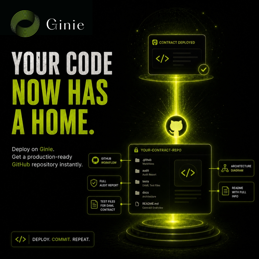 giniedev's tweet photo. Your code deserves more than a deployment

Now every contract deployed through Ginie gets its own GitHub repository automatically ⚡

Including:
✅ Audit reports
✅ Test files
✅ GitHub workflows
✅ Architecture diagrams
✅ Detailed README

Deploy once.
Get the complete setup.
Your code now has a home 🟢