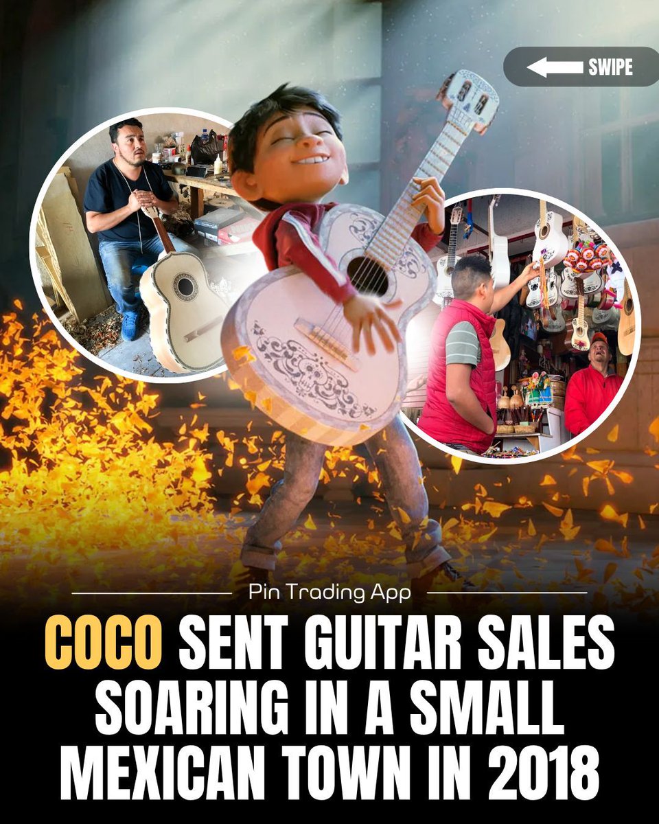 pintradingapp's tweet photo. Pixar researched Coco across Mexico, including Paracho, a guitar-making town that later saw booming sales of Miguel’s white guitar after the film’s release. Coco 2 arrives Nov. 21, 2029.

#pintradingapp #disney #film #viral #coco https://t.co/9twpB9VDAI