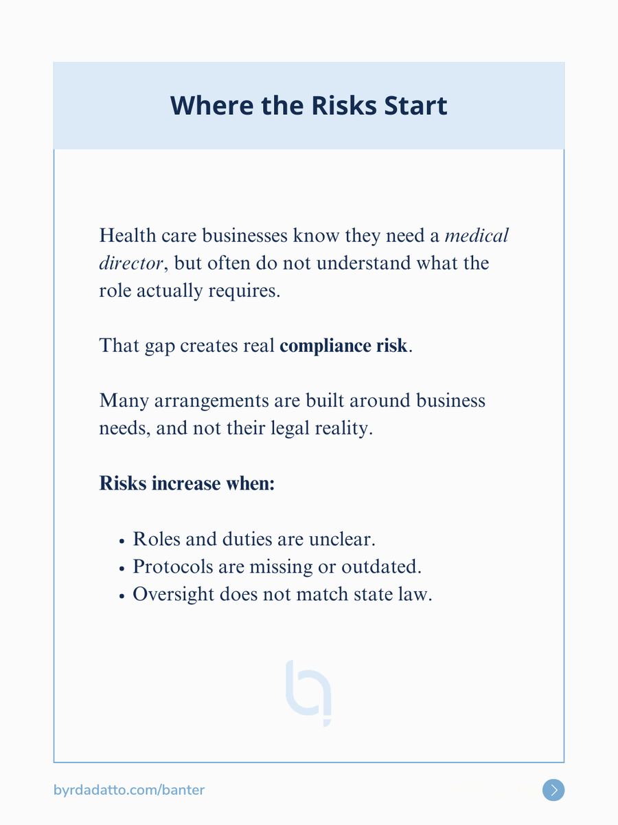 ByrdAdatto's tweet photo. Medical director roles break down when business expectations and medical responsibility are not aligned.

That gap is where delegation and supervision risks emerge.

Part 4 of our Medical Director Field Guide explains how to structure it more correctly: https://t.co/ExaLg5aIX1 https://t.co/RcMzy2hmOi