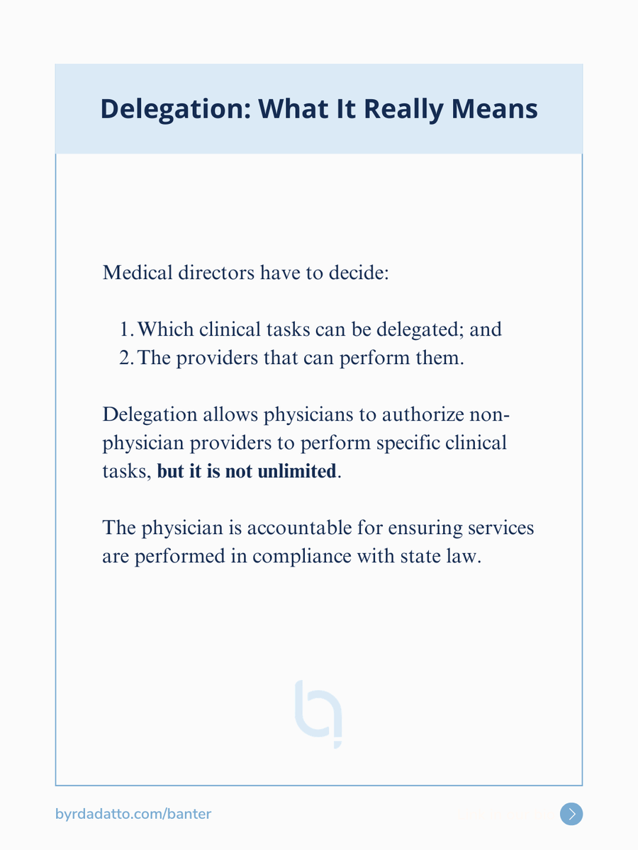 ByrdAdatto's tweet photo. Medical director roles break down when business expectations and medical responsibility are not aligned.

That gap is where delegation and supervision risks emerge.

Part 4 of our Medical Director Field Guide explains how to structure it more correctly: https://t.co/ExaLg5aIX1 https://t.co/RcMzy2hmOi