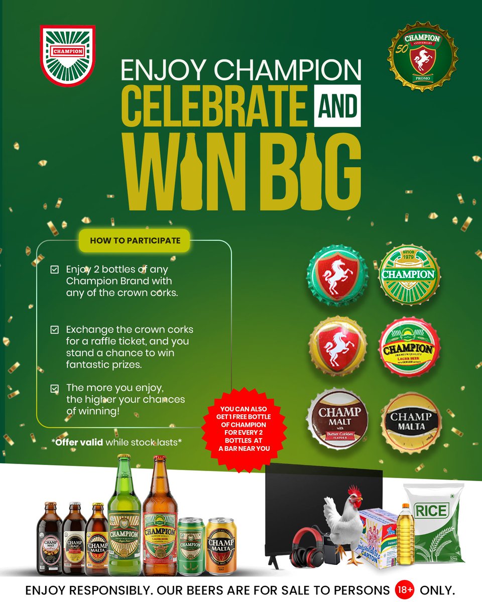 CBPlc_'s tweet photo. Ready to WIN BIG? 🍻

2 bottles. 1 ticket. BIG rewards.

📅 May 31 | 4PM
📍 Uyo | Onitsha | Mbaise | Ikom | Eket | Ikot Ekpene

Tag your crew 👇

#ChampionBreweriesPlc
#BrewingASustainableWorld
#Champion50thAnniversary
#Promo https://t.co/iMVIvEkBzc