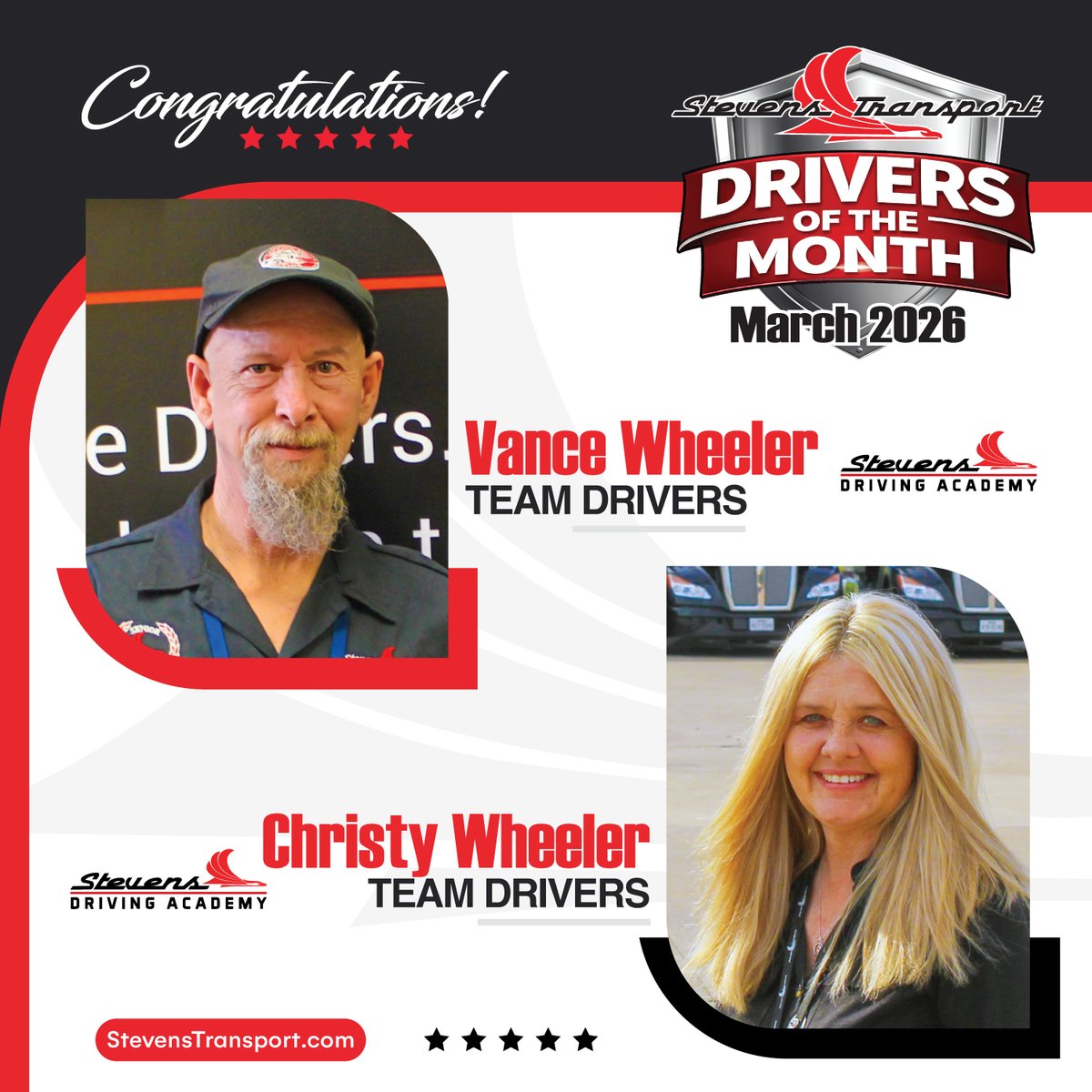 Drive4Stevens's tweet photo. A Two-Million-Miler and a One-Million-Miler. A husband and a wife. A partnership built over a decade on the road together. 

Vance and Christy Wheeler are our March Team Drivers of the Month! 👏🚛 https://t.co/IzdUg0qSZE