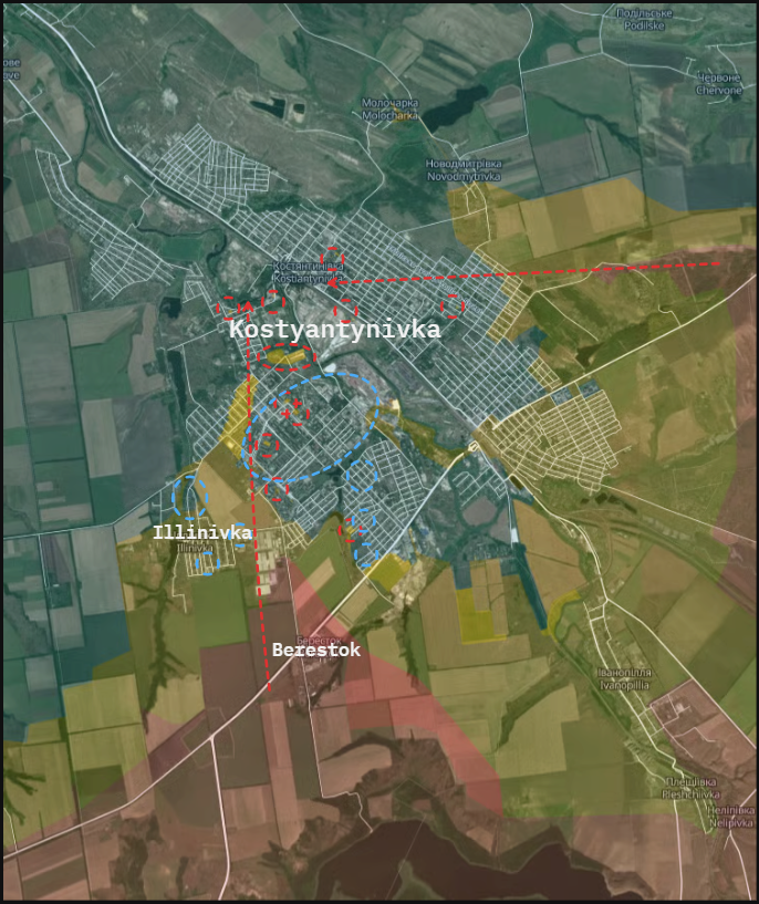 UkraineDailyUpd's tweet photo. Kostyantynivka.

Summary: Recent videos confirm additional Russian infiltrations in the northern part of the city, while Ukrainian forces continue to hold positions in the south.

Geolocated footage from southern Kostyantynivka shows Ukrainian soldiers under fire, consistent with reports from both Russian and Ukrainian sources that Russian forces are infiltrating via the western flank at Illinivka.
Recent footage confirms Ukrainians still hold a presence in Illinivka while Russian forces have taken control of Berestok.

Notably, some Russian channels, such as creamy_caprice, are labeling large areas as “under full Russian control”, overlooking Ukrainian positions in the south and the fact that Russian infiltrations are coming from the west, and not (!) the south.  

Kostyantynivka is divided into two parts, separated by a river and partially demolished industrial facilities, which hinders movement between them. Russian soldiers have been repeatedly observed along the main access road to the western section, which could complicate Ukrainian withdrawals from the southern part of the western area, as they no longer have a supply and rotation route through Ukrainian-held territory. Troop movements now require passage through contested zones.  

Similar, albeit smaller-scale, developments are observed in the eastern part of the city. In isolated cases, Russian soldiers penetrated deep into Ukrainian-held territory and have even been spotted once in the high-rise district. However, the primary incursion appears to be in the western part of the city.

The origins of the current situation remain unclear. The loss of a relatively stable line of contact is reminiscent of the battles for Toretsk in early 2025 and Pokrovsk in mid-2025. If this pattern continues, the battle for Kostyantynivka may last several more months. There are currently no indicators that the city will fall into Russian hands anytime soon.

We will continue to monitor the situation and have just updated the map!
https://t.co/Lea4mSCHv8