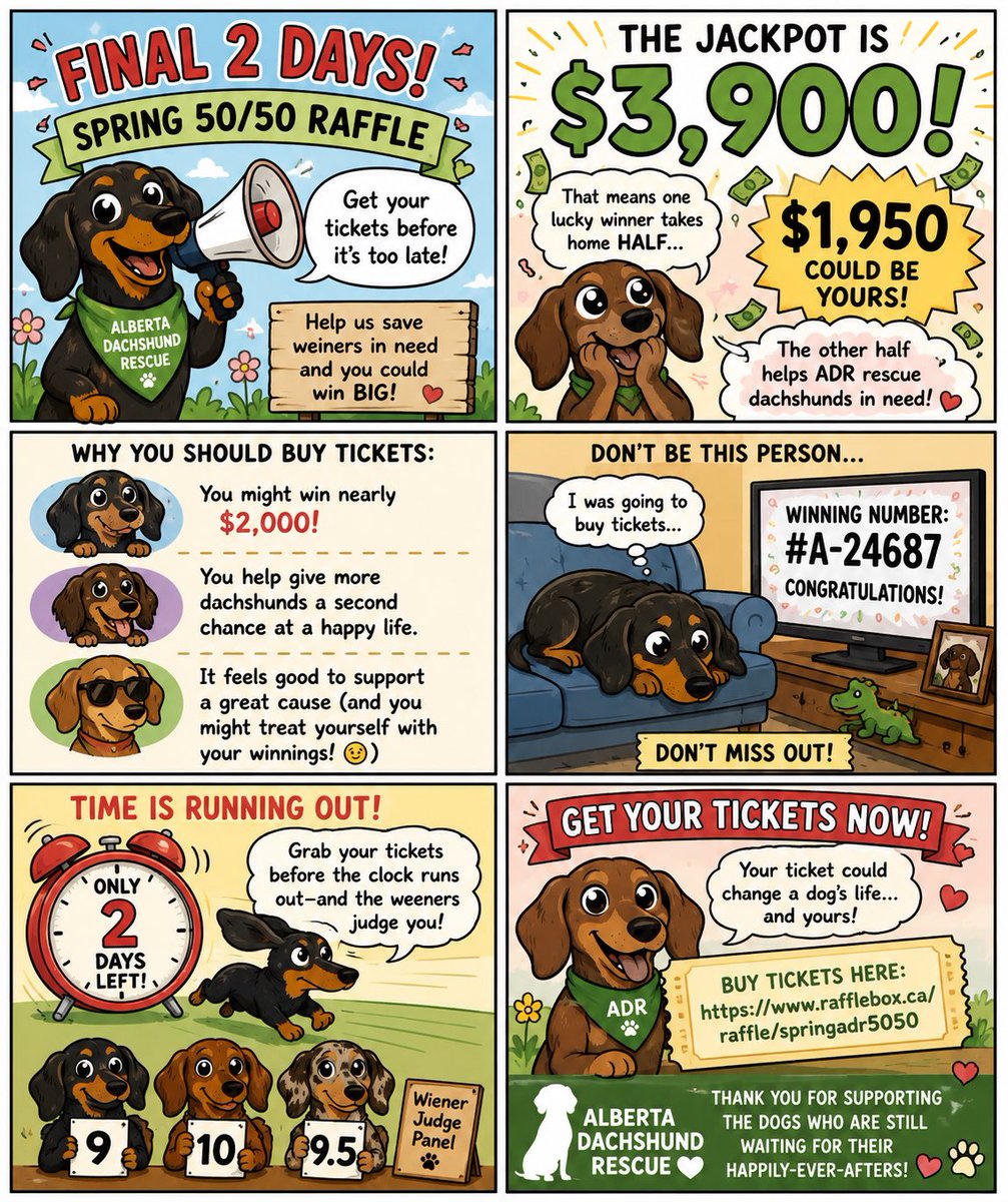 savetheweenies's tweet photo. FINAL 2 DAYS! 
Jackpot: $3,900
Winner takes home $1,950!
Don’t be the person saying, “I was going to buy tickets…” after the winning number is announced. 
Every ticket helps Alberta Dachshund Rescue save more wieners in need.
Get yours now:
https://t.co/sNCUzXjMBH https://t.co/ukyMR7d73l