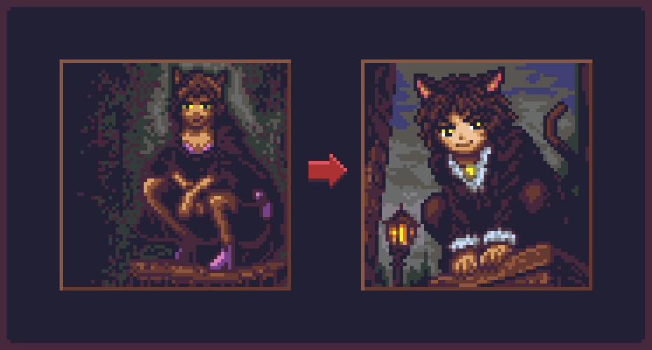 CompromiseDev's tweet photo. Another full #redraw and redesign🫠

Made her look more playful due to upcoming events 🥰

Familiar of the Witch, the Cat of Windermere, the representative of cats.

She is the cat that can almost be reasoned with, and thus is called when cats cause issues🤣

#pixelart #ドット絵 https://t.co/NwMCGIsHE3
