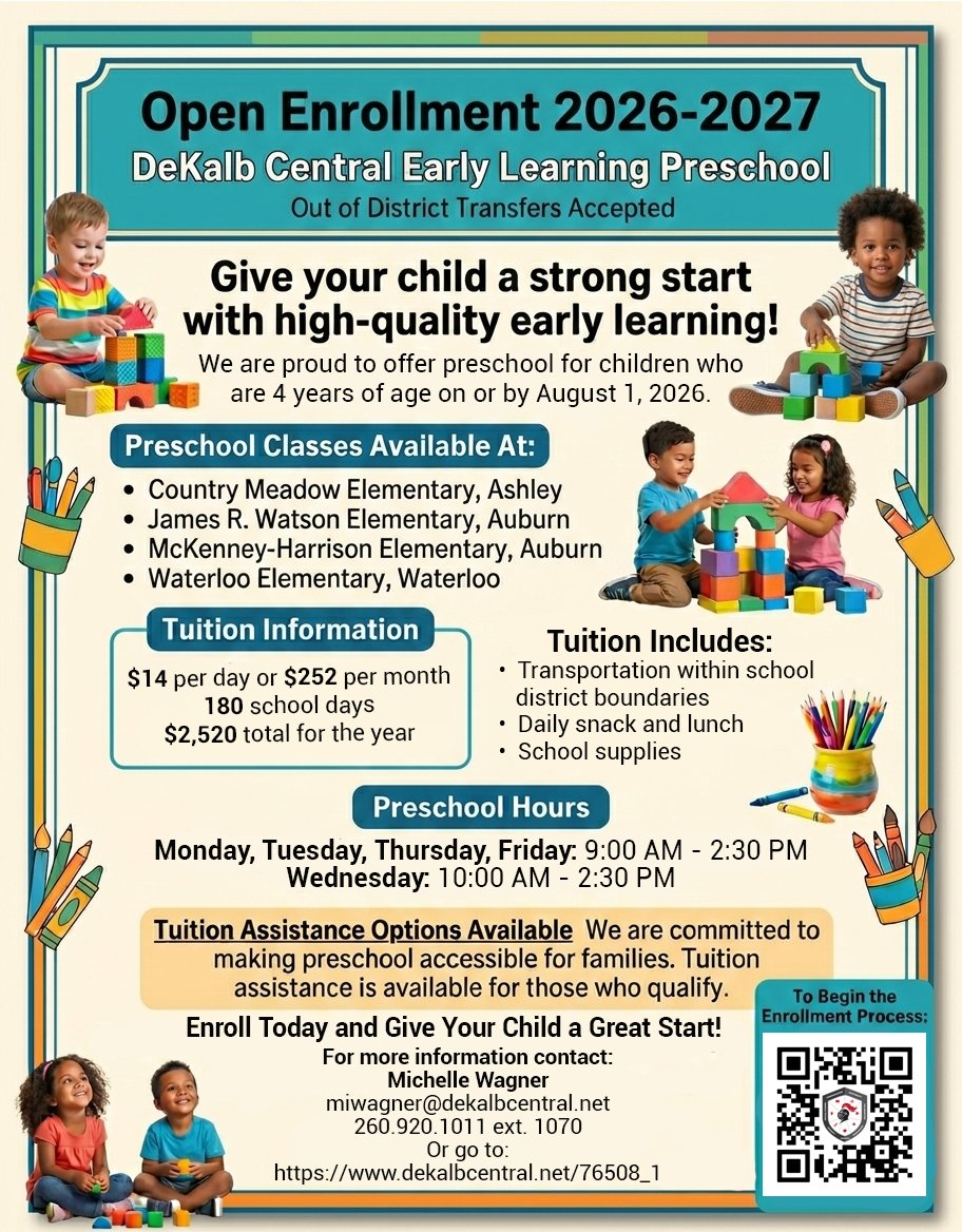 DeKalbWTL's tweet photo. 🌟 Ready for a strong start? Enroll your 4-year-old at DeKalb Central Preschool for 2026–27! Fun learning, caring teachers, meals &amp; supplies included. Spots are limited, sign up today at  https://t.co/O8KGBFzlvt! or email miwagner@dekalbcentral.net. https://t.co/knPtcAxLhu