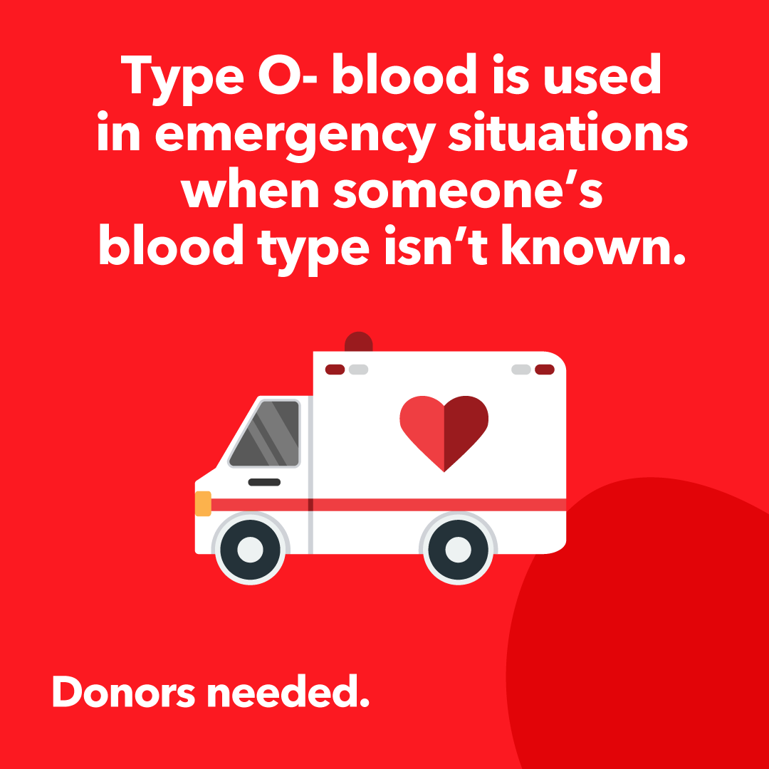 CommBloodCtrKC's tweet photo. O-negative blood is known as the universal blood type because it can be given to anyone during emergencies when there’s no time to determine a patient’s blood type. That makes every O-negative donation incredibly important.

Not sure what your blood type is? Come find out! ❤️ https://t.co/EhJ95fW91D