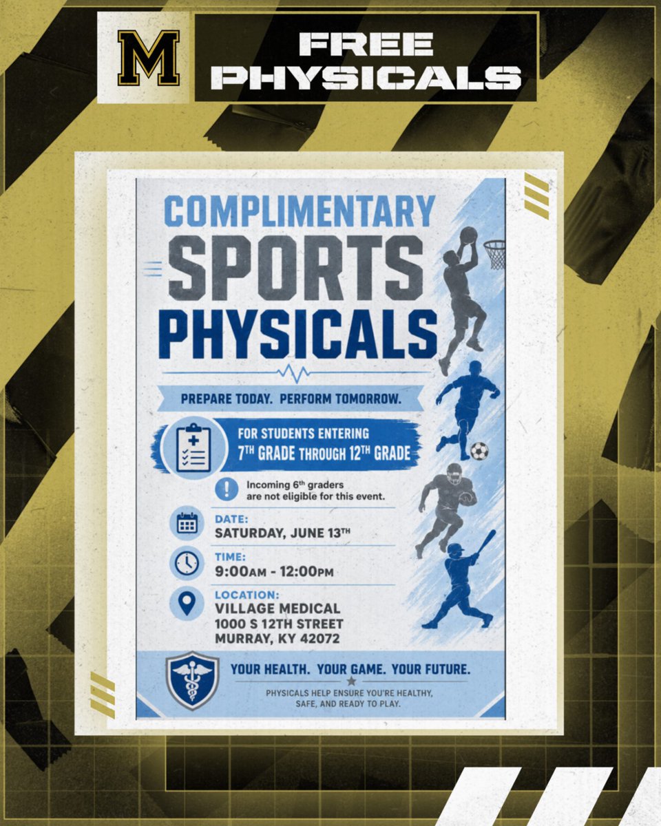 MurrayTigers's tweet photo. Tiger Families! Village Medical is offering Free Physicals on Saturday, June 13th for 7th-12th Graders from 9:00-12:00.  Please mark your calendars. https://t.co/teJJceCoS7