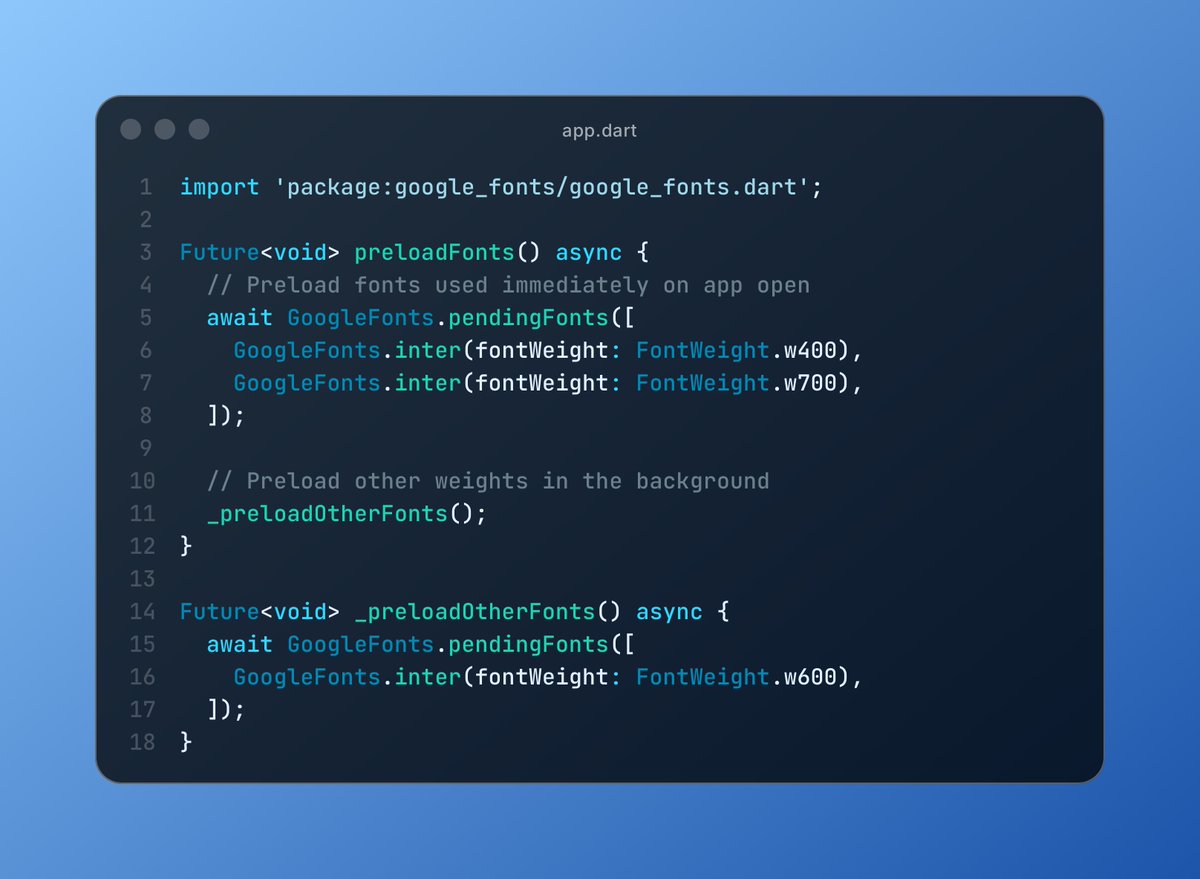 kamranbekirovyz's tweet photo. Flutter Devs, if you use google_fonts package don't forget to preload fonts.

The package downloads fonts when FIRST used. So, on fresh install, users see Texts in default font for a moment before it fully fetches your chosen one.

Also explained edge-cases in the link below 👇🏻 https://t.co/J9Agfosdeg