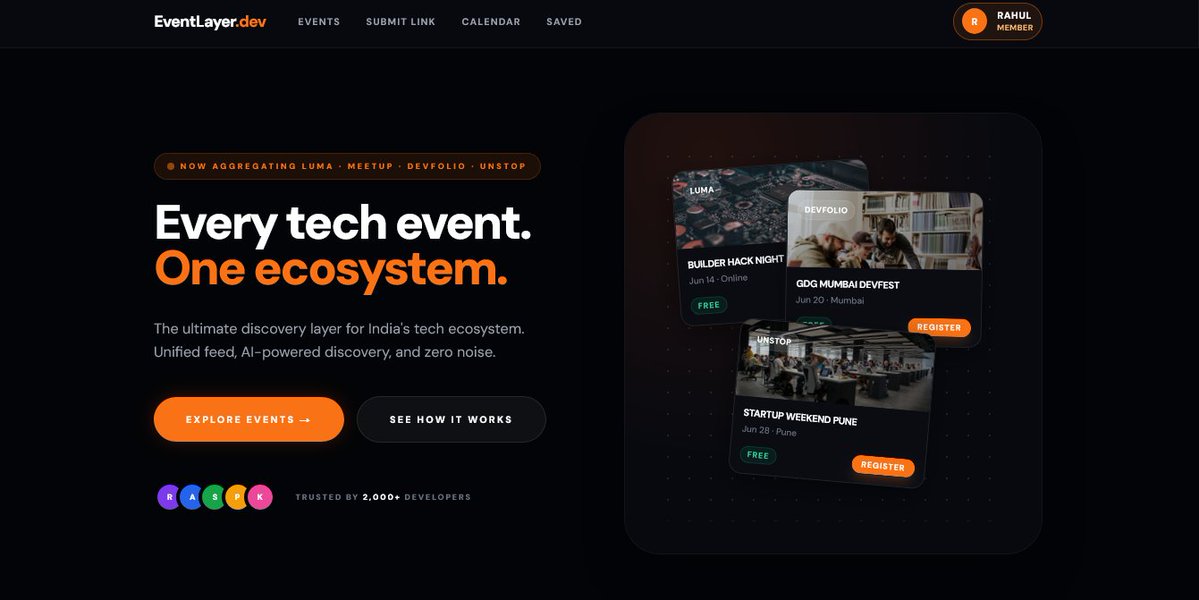 dev__rudra's tweet photo. Building https://t.co/0yBeXPuizt
Small update today:
Fixed a few bugs, polished the UI, and made the Mumbai events feed live Now you can discover upcoming tech events from Luma, Meetup, Eventbrite Devfolio and more in one clean place
Try it:https://t.co/2FmTYoEmvR #buildinpublic https://t.co/lBzmjF1EdM