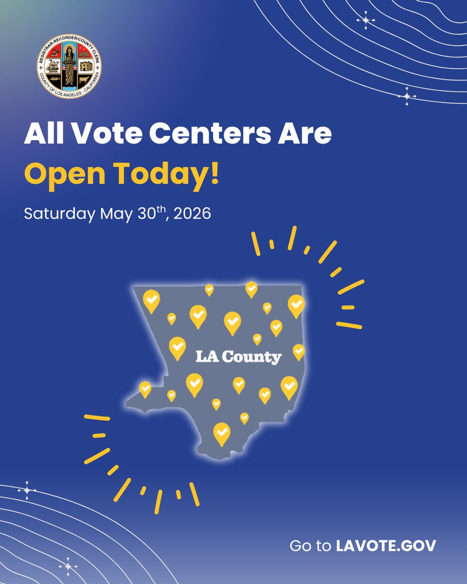LACountyRRCC's tweet photo. All Vote Centers in #LACounty are open!
Visit any location to vote or drop off your ballot
✔️ Hours: 10 AM–7 PM
✔️ Election Day, June 2: 7 AM–8 PM
Skip the lines and check voting off your to-do list by #votingearly this weekend.
Visit https://t.co/PUcdMNl7Lt to get started https://t.co/bWjozuogiC