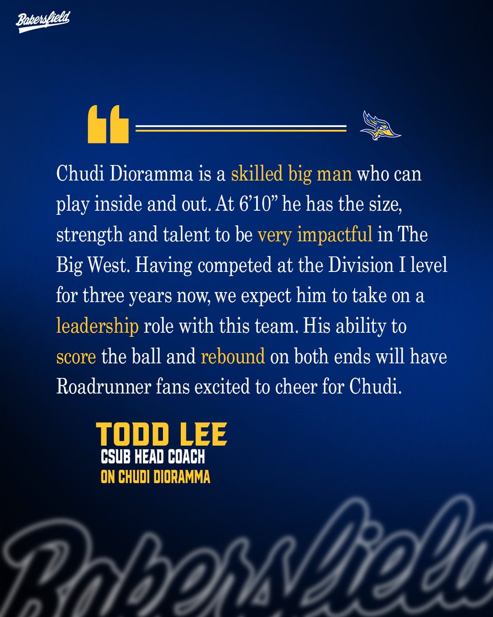 CSUB_MBB's tweet photo. Welcome back to California, Chudi! 👌🏾

We continue our 2026-27 roster reveal with Arkansas State transfer @ChudiDioramma, a skilled big man who can make an impact on both ends of the court.

Swipe ⏩ for Coach Lee's insights on Chudi. https://t.co/AaKym4f4uo