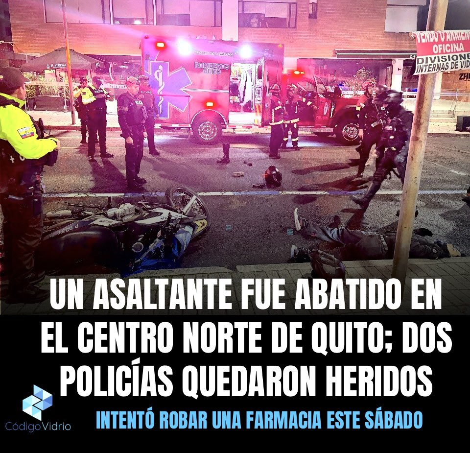 CodigoVidrioEc's tweet photo. Un delincuente que intentó asaltar la farmacia Fybeca, ubicada en la Av. 6 de Diciembre e Irlanda, con un arma de fuego, fue abatido por policías que patrullaban en el sector y resultaron heridos, este sábado 30 de mayo en la madrugada. 
El asaltante ingresó a la farmacia a la medianoche y amenazó con su arma al guardia exigiéndole que abriera las cajas registradoras. Incluso intentó detonar el arma pero se le encasquilló. Luego fue a otra de las cajas y realizó varios disparos, en una zona donde estaban varios clientes y trabajadores del establecimiento. Una empleada fue herida por el roce de un proyectil en un brazo y luego trasladada al Hospital Vozandes, donde está en recuperación. Al abandonar el  establecimiento, varios ciudadanos alertaron al personal policial que realizaba un patrullaje preventivo e intervino para detener y neutralizar al delincuente, que salió del local y subió a una moto mientras disparaba a dos policías que respondieron también con detonaciones. En el cruce de fuego el asaltante murió y dos de los policías quedaron heridos. Uno de los uniformados, Eddy Guaña, fue herido en el hombro, mientras Jeferson Galarza, en el pie derecho. Ambos están estables.