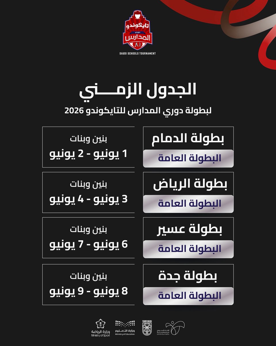 DawriMadaris's tweet photo. مواعيد بطولة دوري المدارس 2026 للتايكوندو🥋 🗓️

    #دوري_المدارس | #جيل_يصنع_المستقبل https://t.co/cH4tdOHRLs