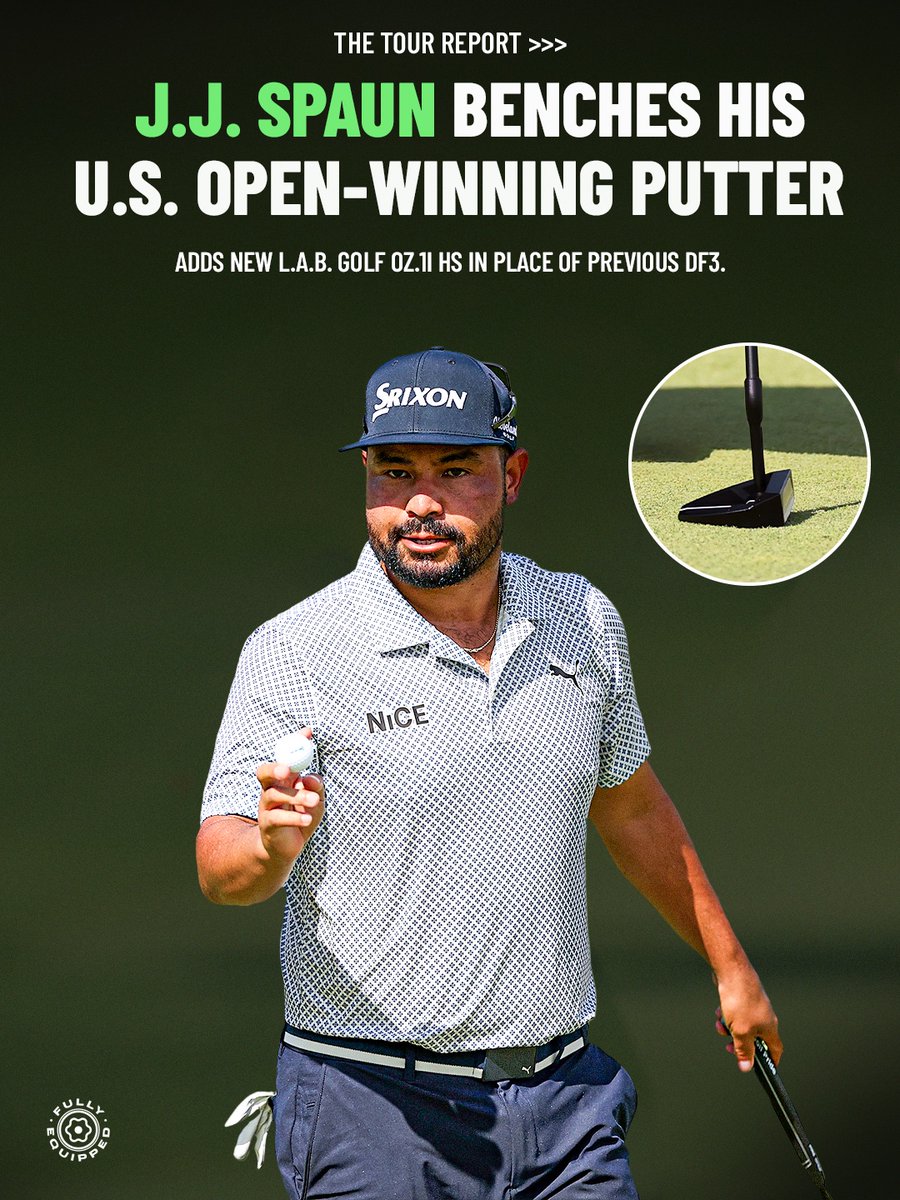 JR_HIRSHey's tweet photo. Three weeks before defending his U.S. Open title, J.J. Spaun has a new putter.

The L.A.B. DF3 that helped him become the first major winner with a "zero-torque" style putter is out. A heel-shafted OZ.1i HS is in.

Also in this week's Tour Report:
• Ludvig Åberg joins the growing list of players moving from a blade into a compact mallet
• Michael Kim's emergency fairway wood replacement is now a permanent fixture

Check it out🧵