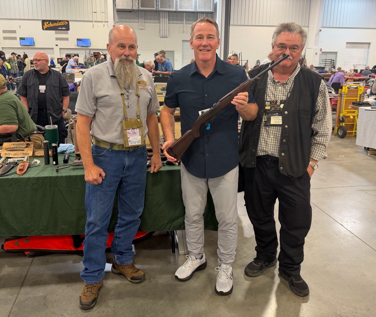 TeamHusted's tweet photo. .@JonHusted stopped by the Ohio Gun Collectors Association show this afternoon. He had a chance to join OnTarget Radio Show and check out the M1 Carbine - the gun that fired the last shot in WWII. @LEPDFirearms https://t.co/ILLCTrjnMv